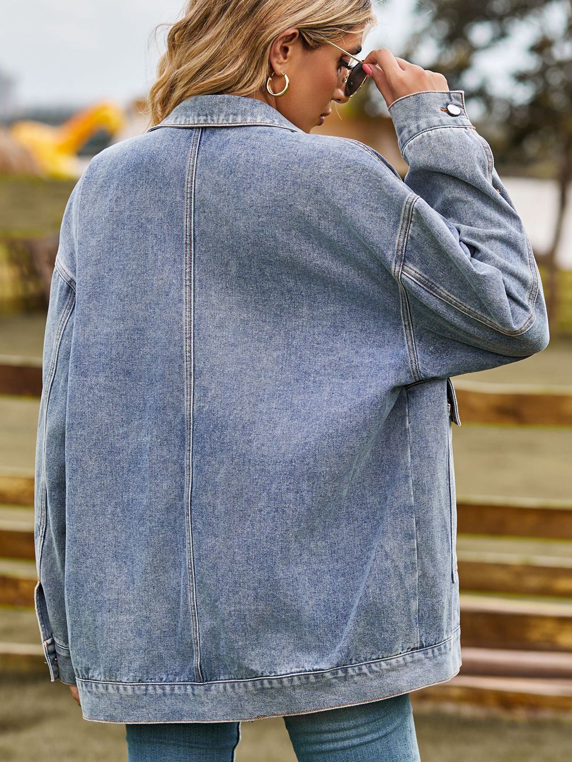 Dropped Shoulder Denim Jacket with Pockets in Dark Gray, view 8