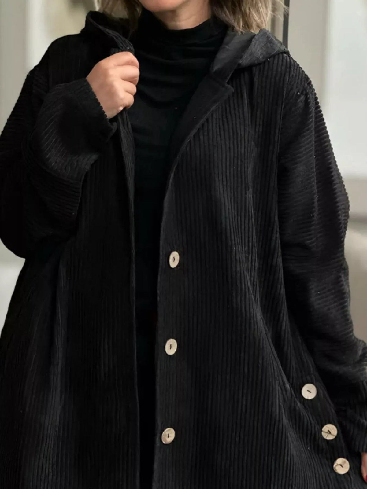 Full Size Corduroy Button Up Hooded Jacket Plus Size in Black