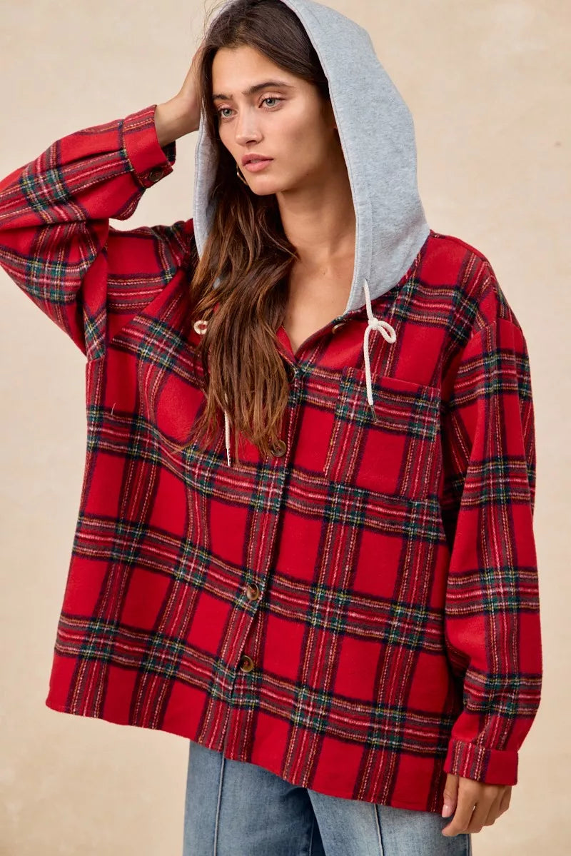 BiBi Brushed Plaid Hooded Jacket in Red Plaid, view 2