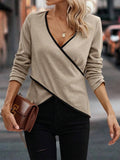 Full Size Crisscross Contrast Trim Long Sleeve T-Shirt - Lilixa.store