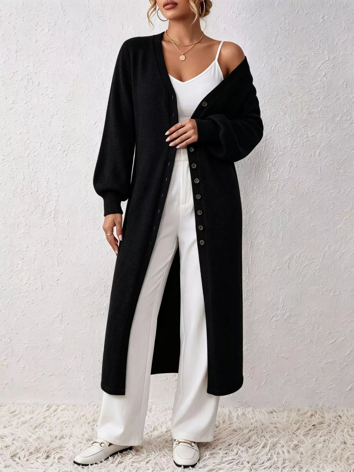 Button Front Long Sleeve Sweater Dress - Lilixa.store