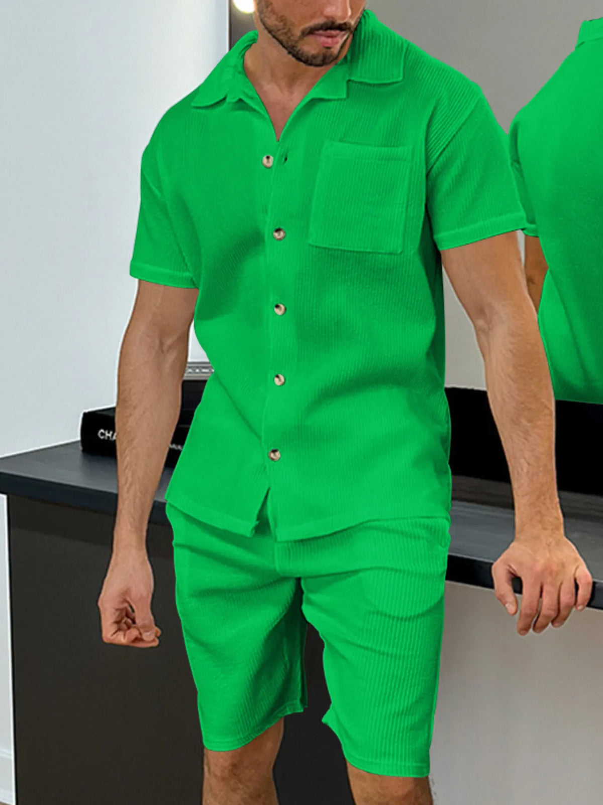 Men's Full Size Button Up Top and Shorts Set Plus Size in Green