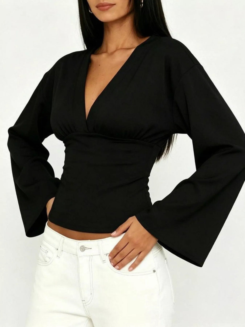 V-Neck Flare Sleeve Blouse - Lilixa.store