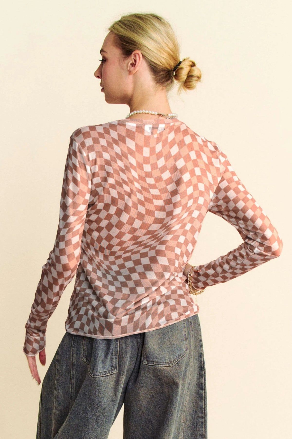 Davi & Dani Checker Board Mesh Long Sleeve Layering Top - Lilixa.store