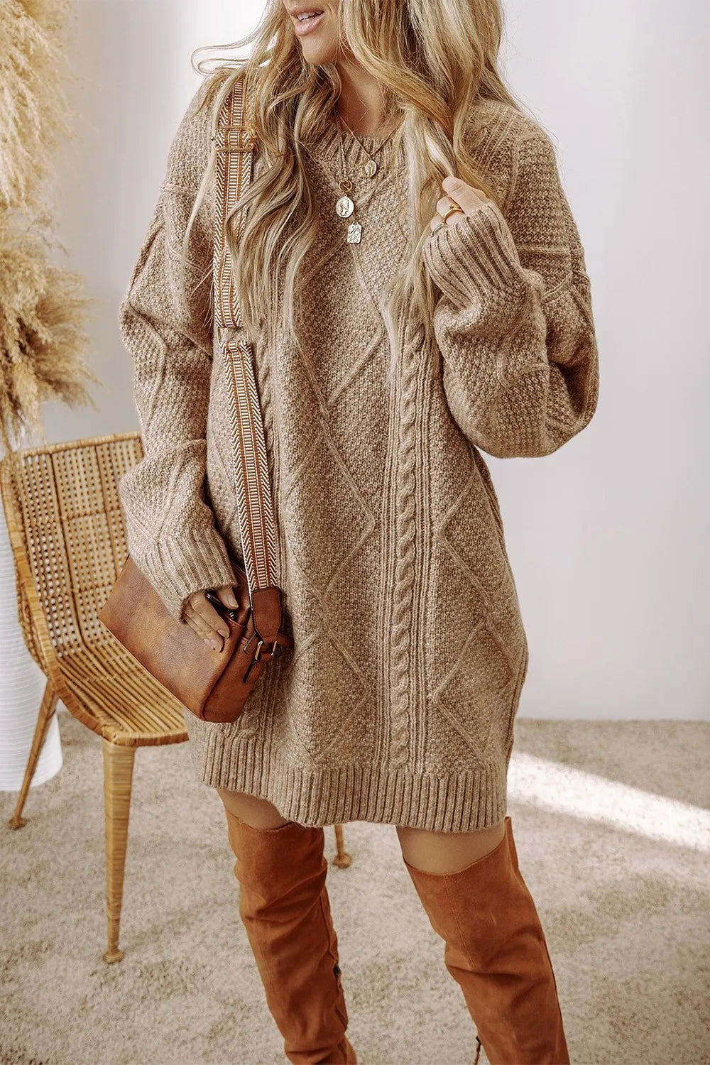 Cable-Knit Round Neck Sweater Dress, view 7