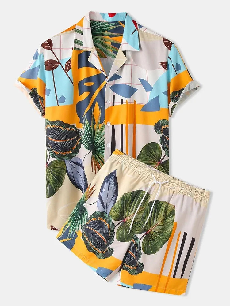 Men's Full Size Printed Short Sleeve Shirt and Shorts Set Plus Size in Flower