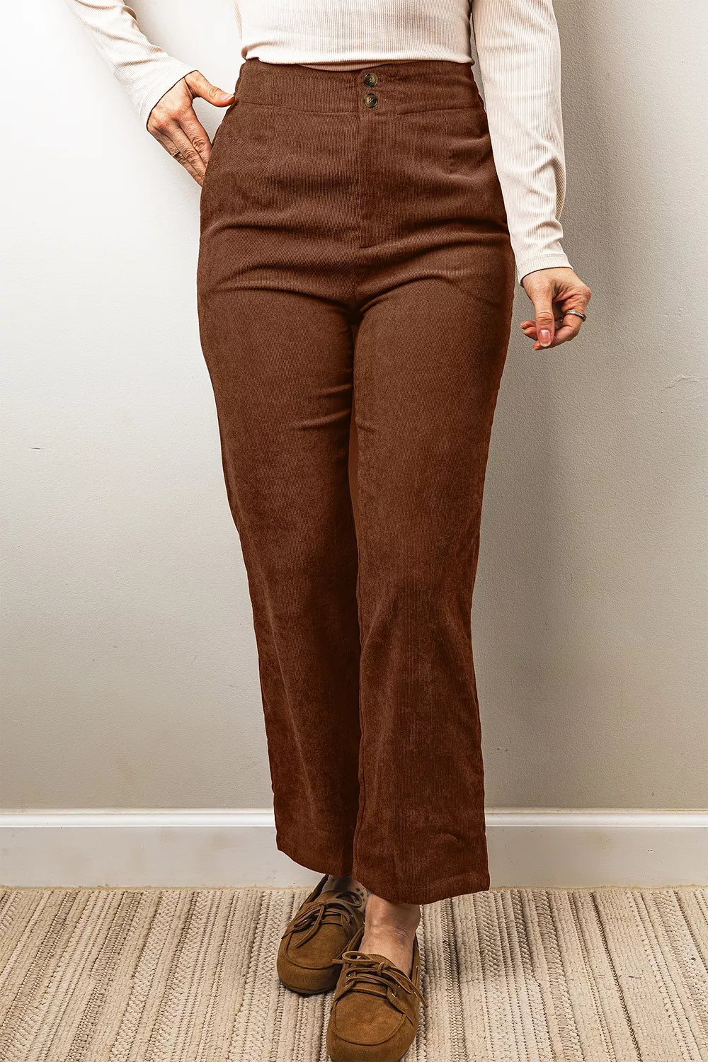 Elastic Waist Straight Leg Ankle Length Corduroy Pants - Lilixa.store