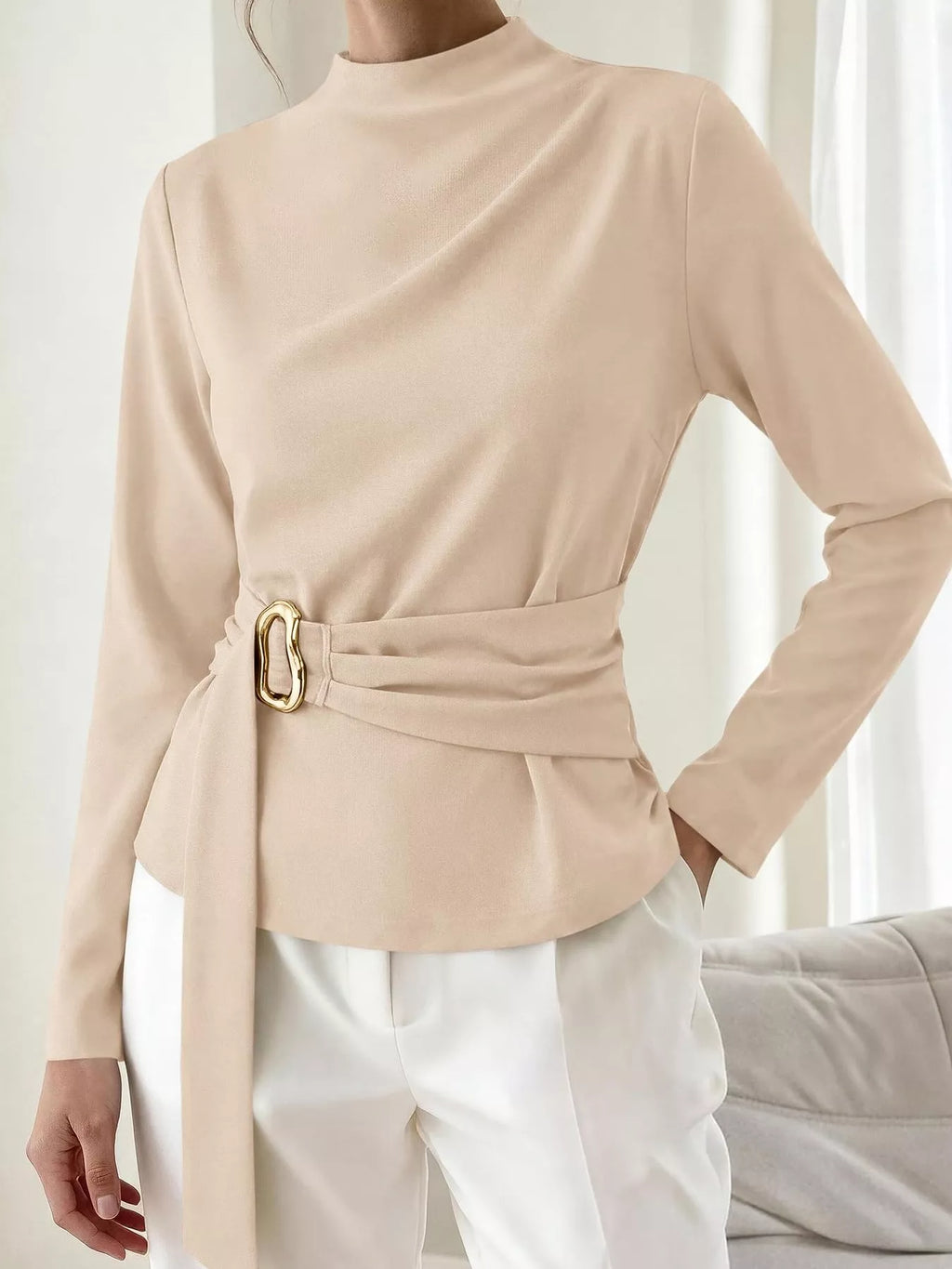 Mock Neck Blouse with Waist-Defining Metal Buckle Detail - Lilixa.store