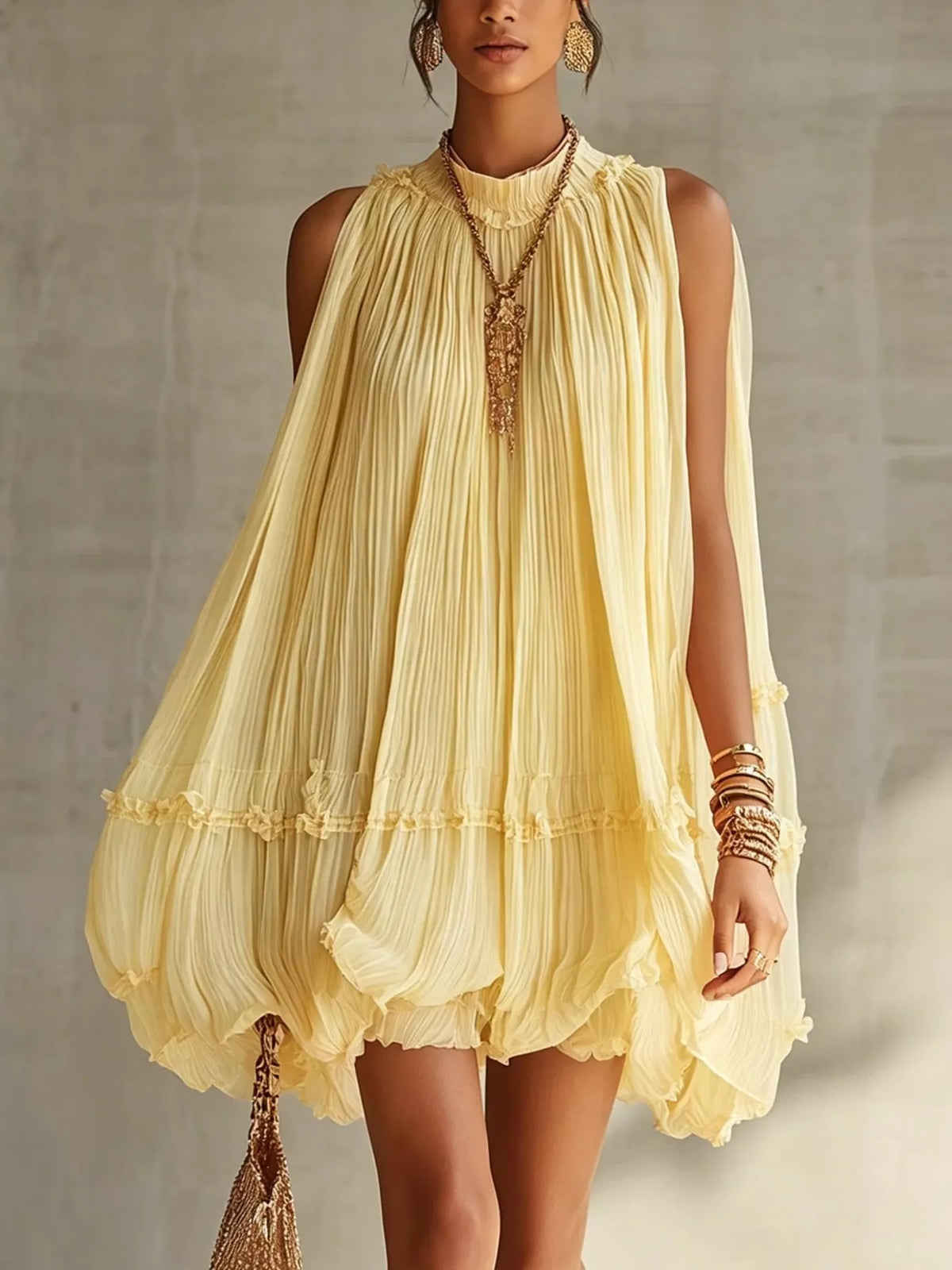 Pleated Mock Neck Sleeveless Mini Dress