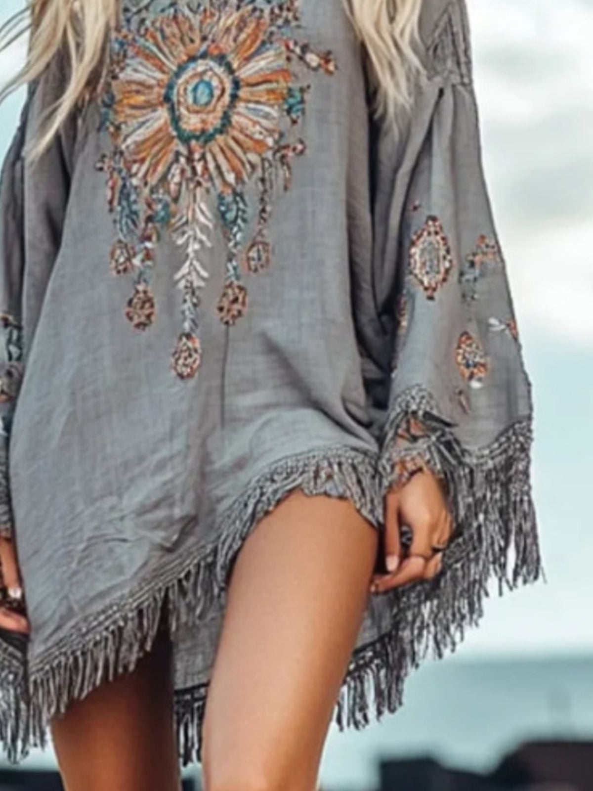 Fringe Hem Long Sleeve Mini Dress - Lilixa.store
