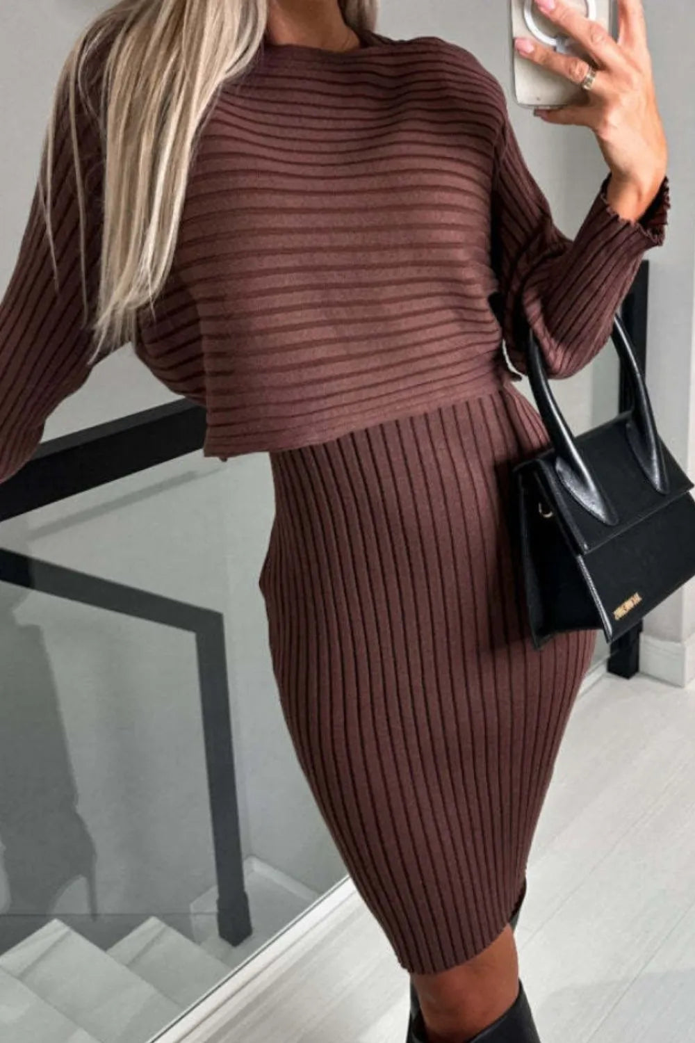 Ribbed Round Neck Top and Cami Dress Sweater Set, view 4
