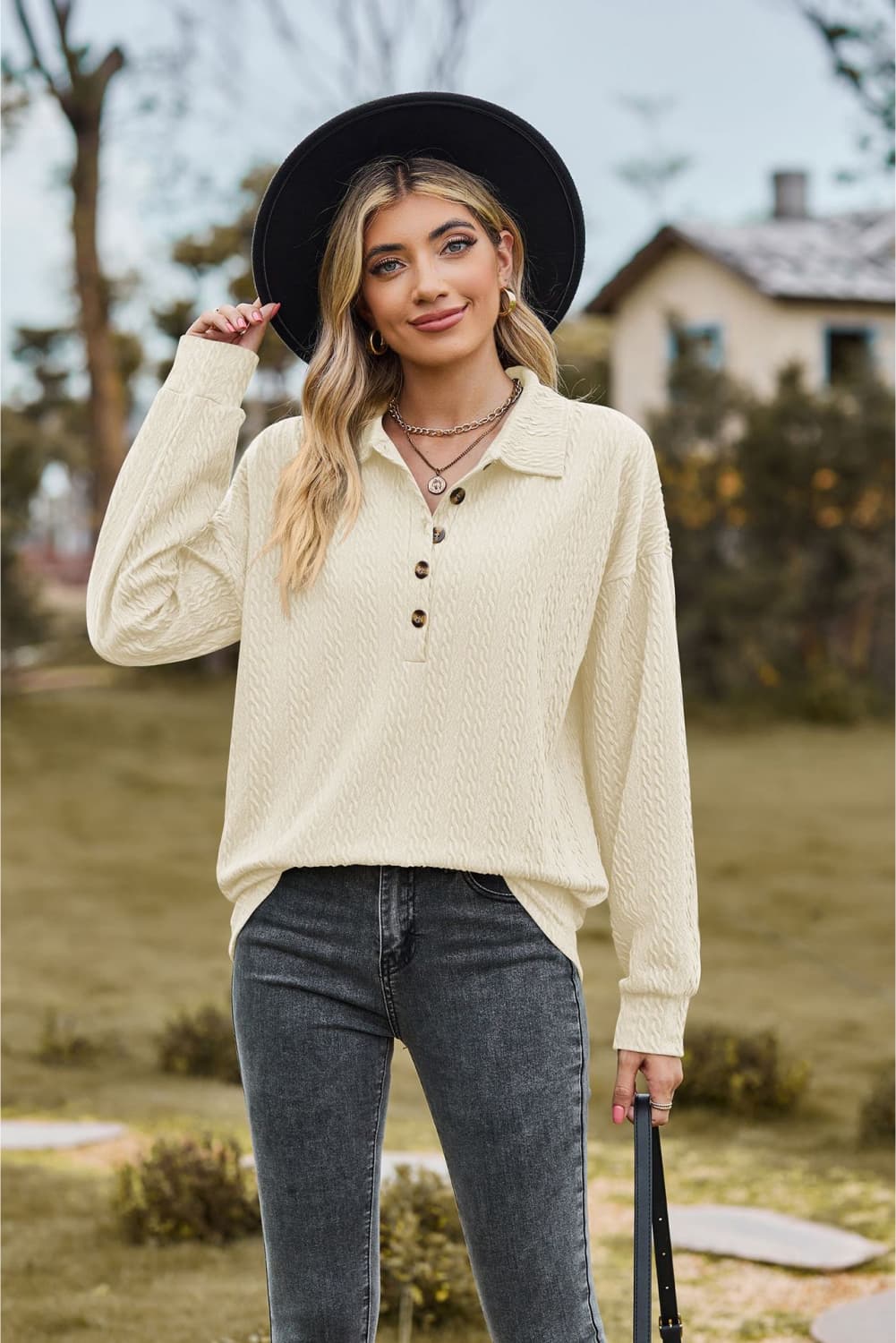 Collared Neck Long Sleeve Blouse in Ivory