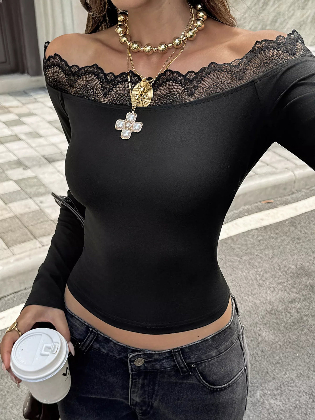 Off-Shoulder Lace Trim Long Sleeve T-Shirt