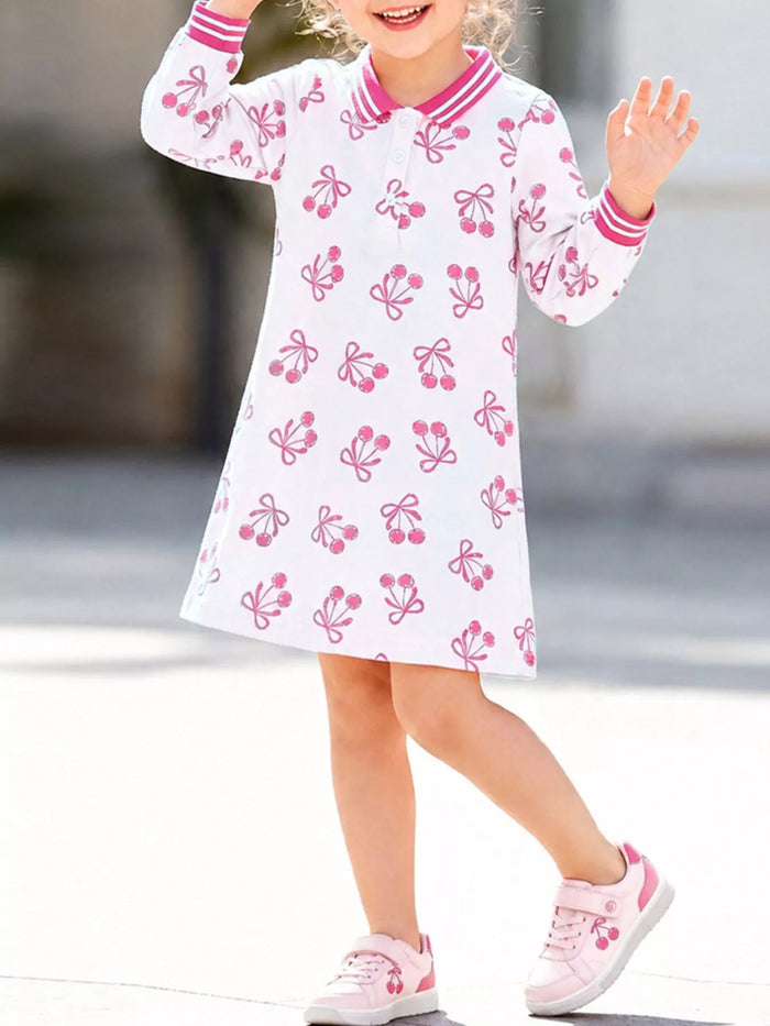 Children's Long-Sleeve Cherry Print Polo Dress - Lilixa.store
