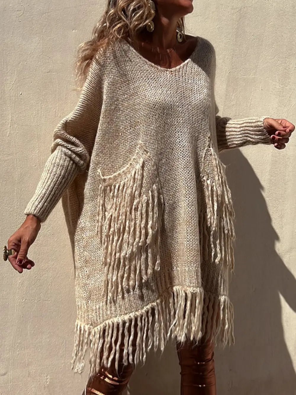 Fringe Detail Long Sleeve Sweater with Pockets, view 2