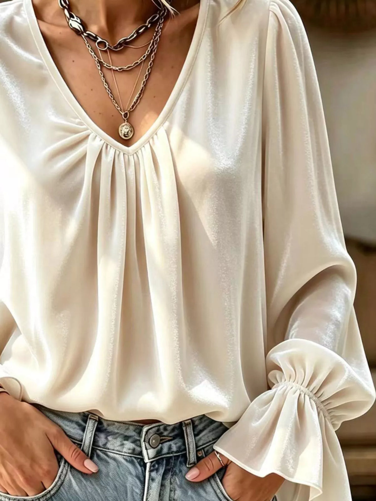 Full Size Ruched V-Neck Flounce Sleeve Blouse Plus Size