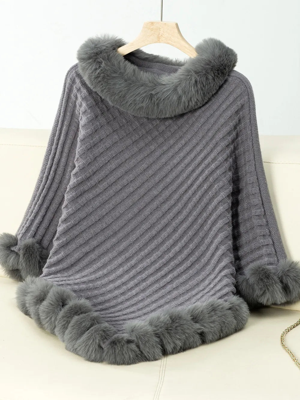 Fuzzy Trim Texture Three-Quarter Sleeve Poncho - Lilixa.store