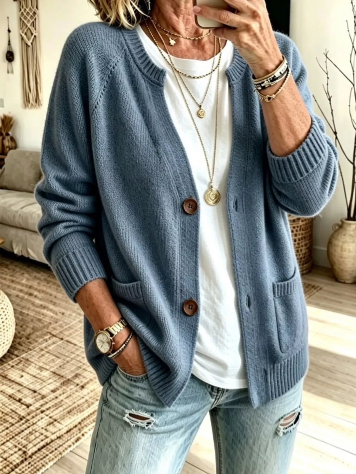 Full Size Button Up Raglan Sleeve Cardigan Plus Size