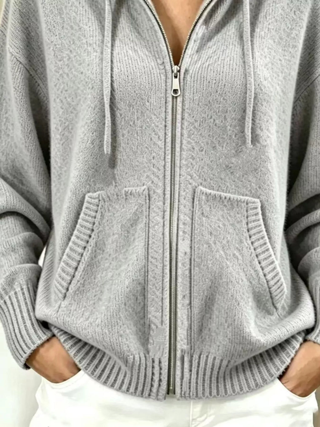 Zip-Up Hooded Knit Cardigan - Lilixa.store