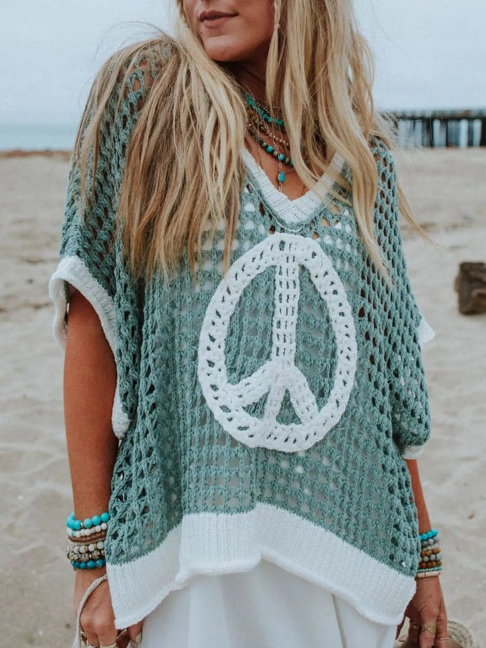 Peace Sign Crochet Knit Cover Up in Turquoise