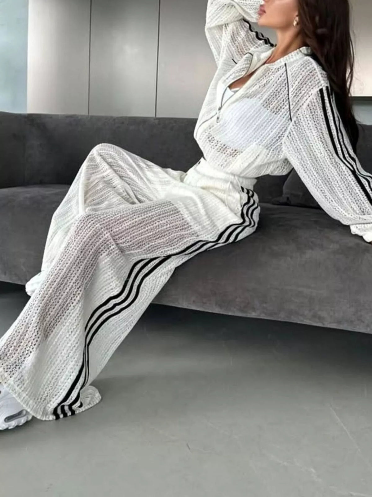 Side Stripes Zip Up Top and Pants Set - Lilixa.store