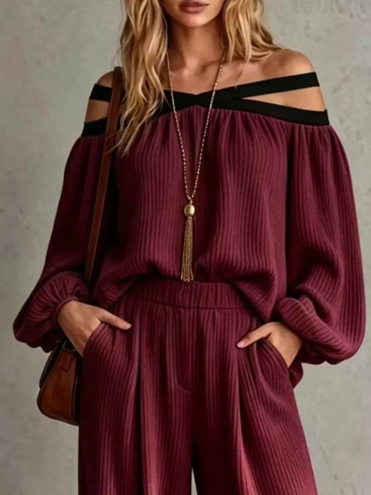 Off-Shoulder Crisscross Cutout Ribbed Knit Top and Wide-Leg Pants Set, view 7
