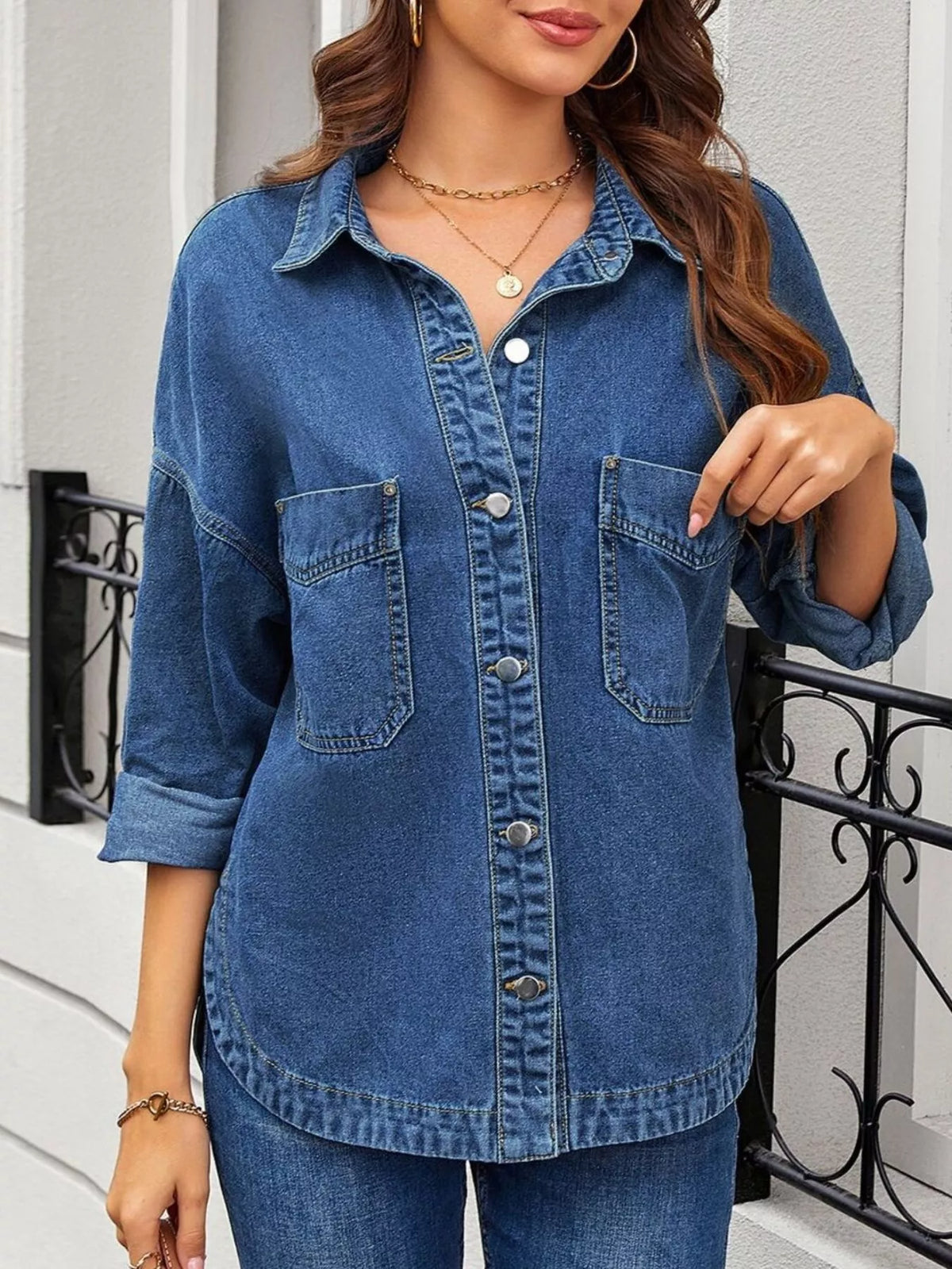 Casual Button Up Loose Fit Denim Jacket, view 5