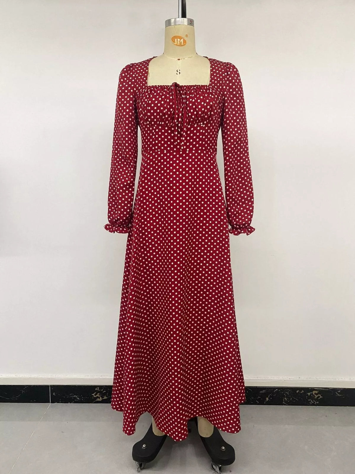 Square Neck Polka Dot Long Sleeve Maxi Dress - Lilixa.store