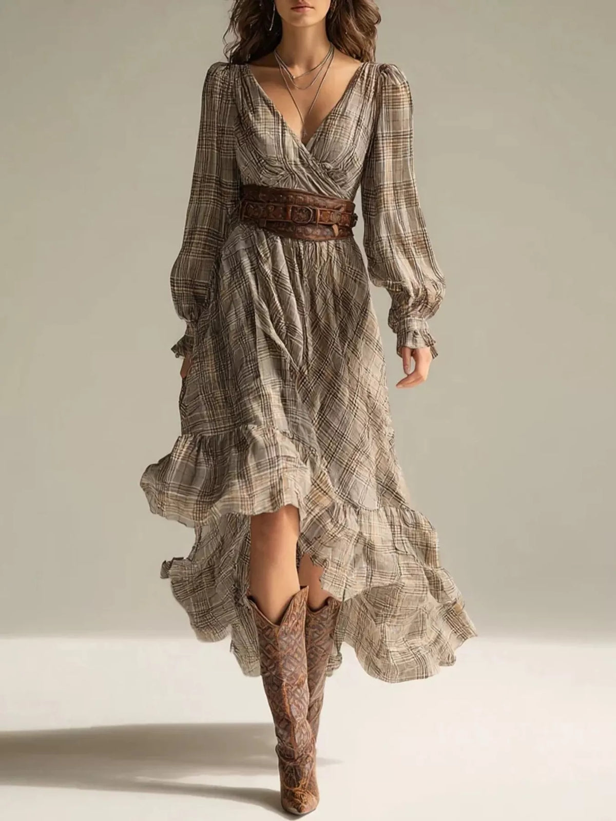 Plaid High-Low Long Sleeve Dress - Lilixa.store