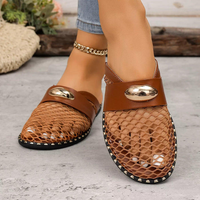 Mesh Hollow-Out Flat Sandals with Metallic Embellishment in Brown