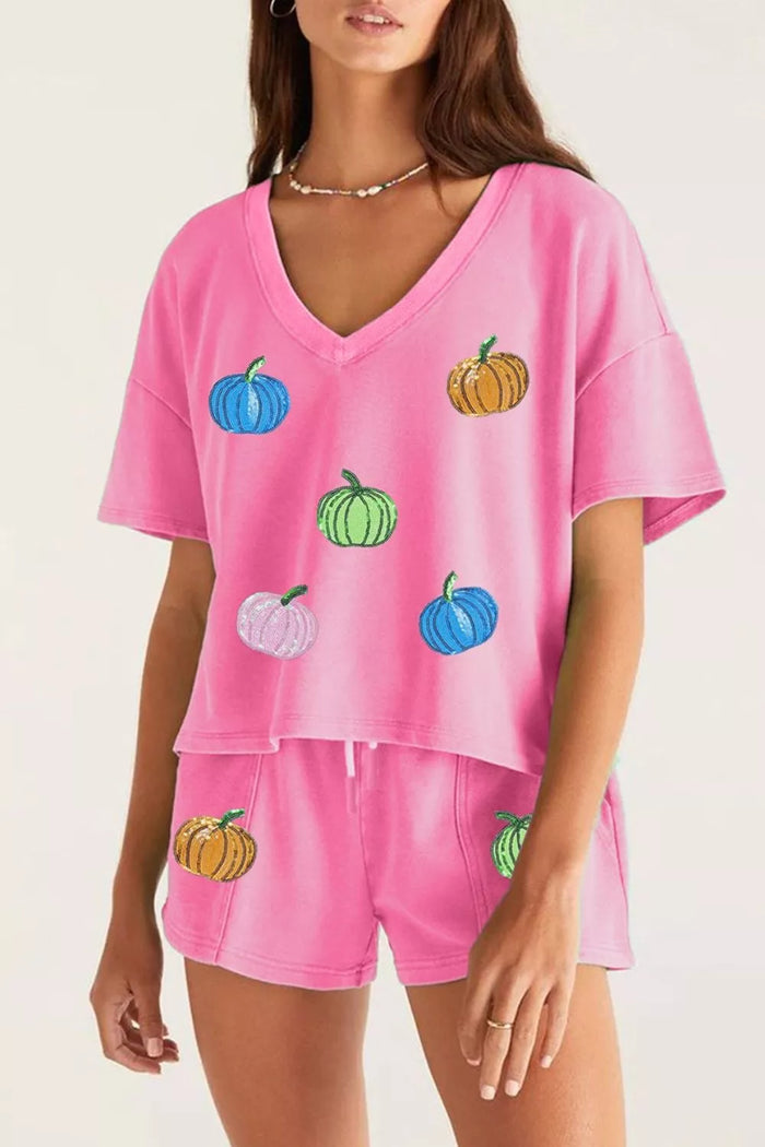 Sequin Halloween Pumpkin Pattern V Neck Tee and Drawstring Bottoms Casual Set - Lilixa.store