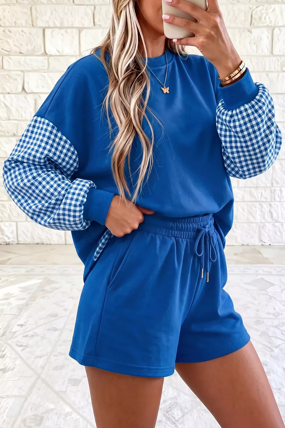 Gingham Patchwork Long Sleeve Sweatshirt and Shorts Set - Lilixa.store