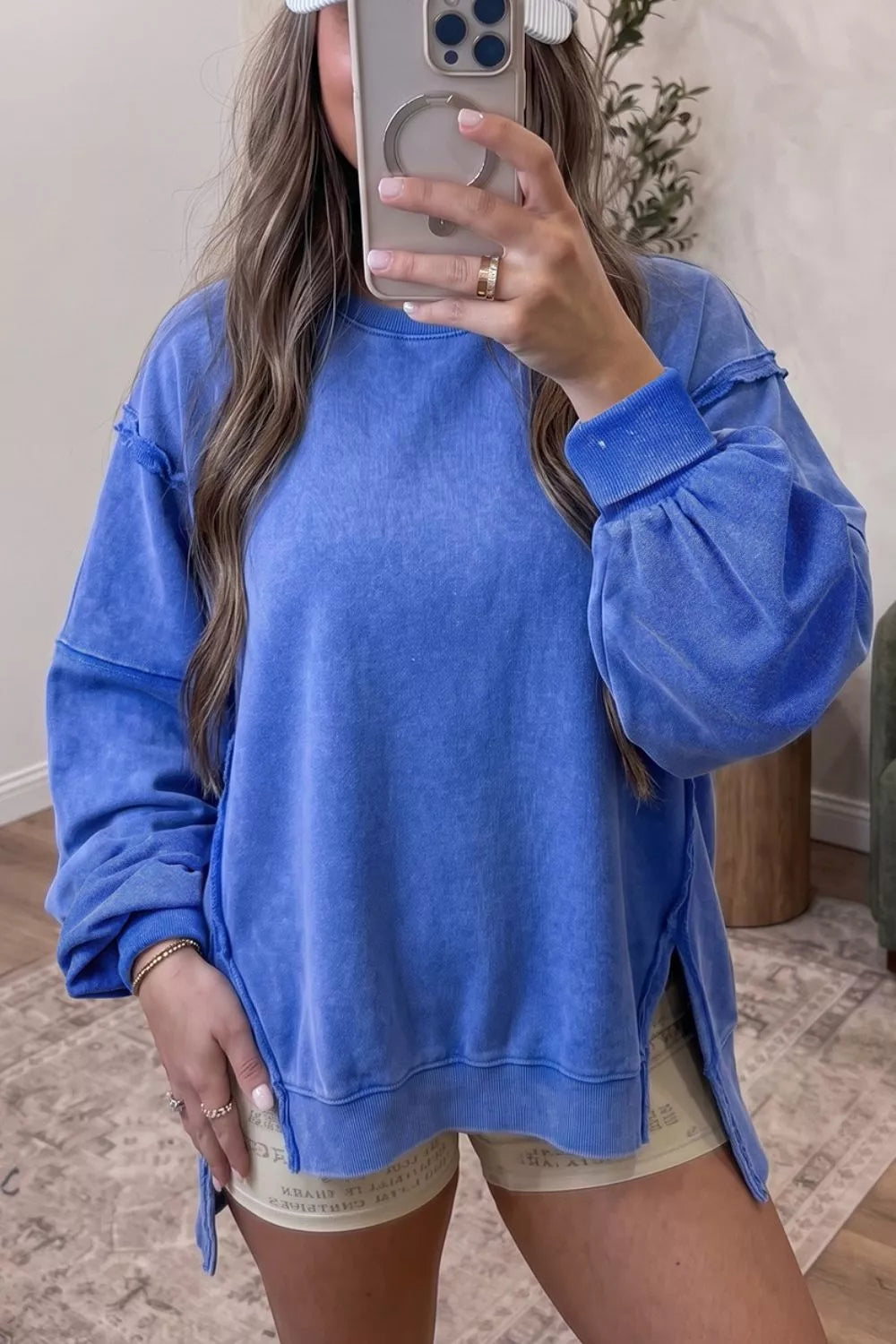 Mineral Wash Split Hem Loose Tunic Sweatshirt - Lilixa.store