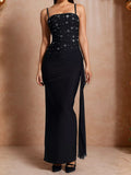 Rhinestone Slit Maxi Dress with Draping Detail - Lilixa.store