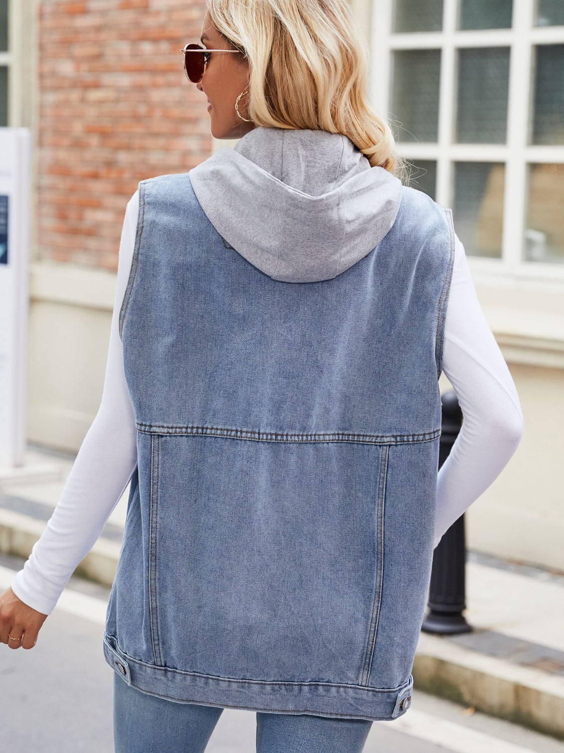Drawstring Hooded Sleeveless Denim Jacket, view 2