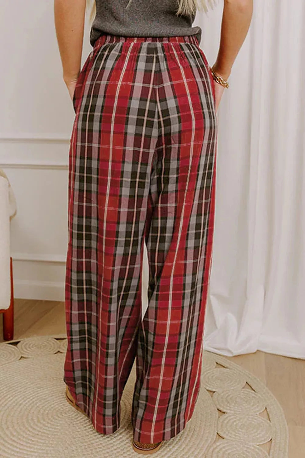 Plaid Elastic Waist Pocket Regular Full-Length Pants