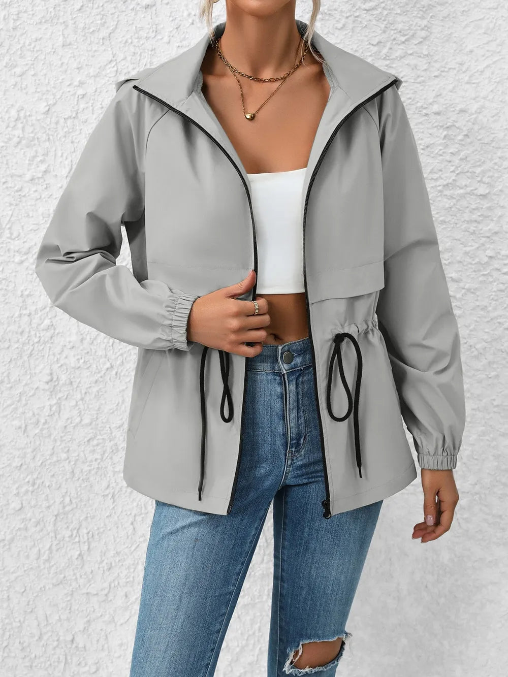 Ivy Lane Drawstring Zip Up Hooded Jacket in Gray