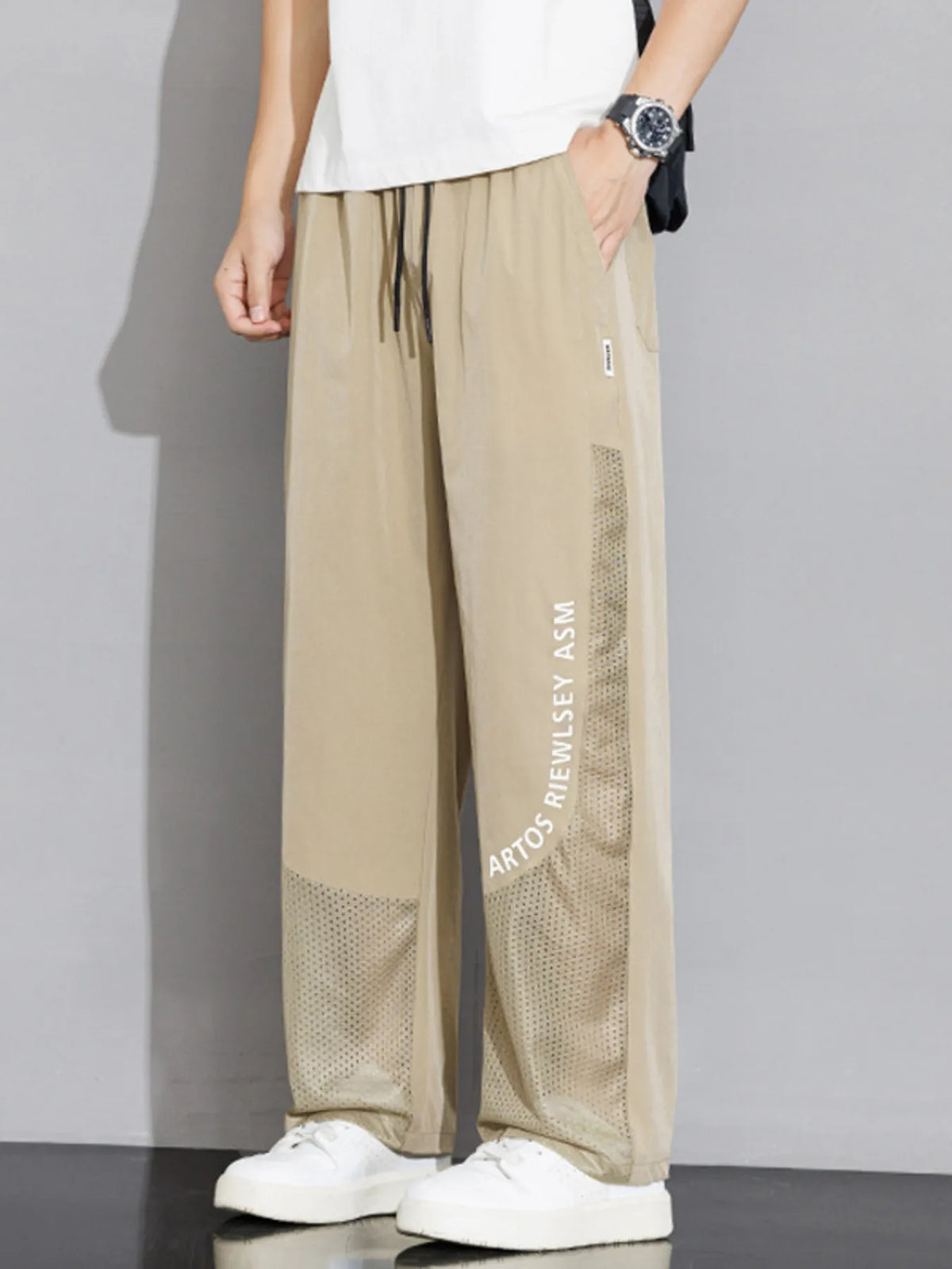 Men's Plus Size Drawstring Wide Leg Mesh Panel Pants in Khaki
