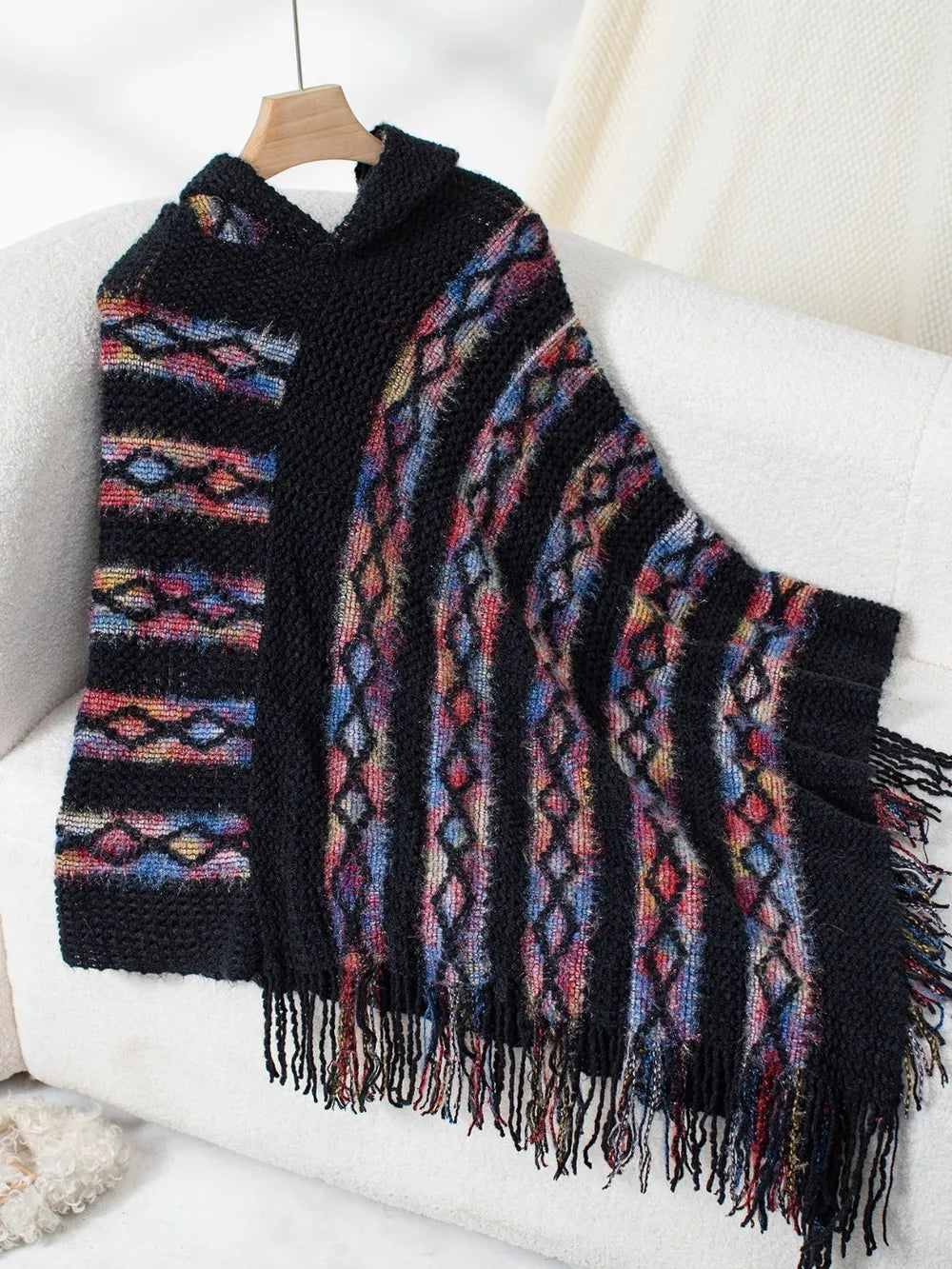 Fringe Contrast Hooded Poncho, view 8