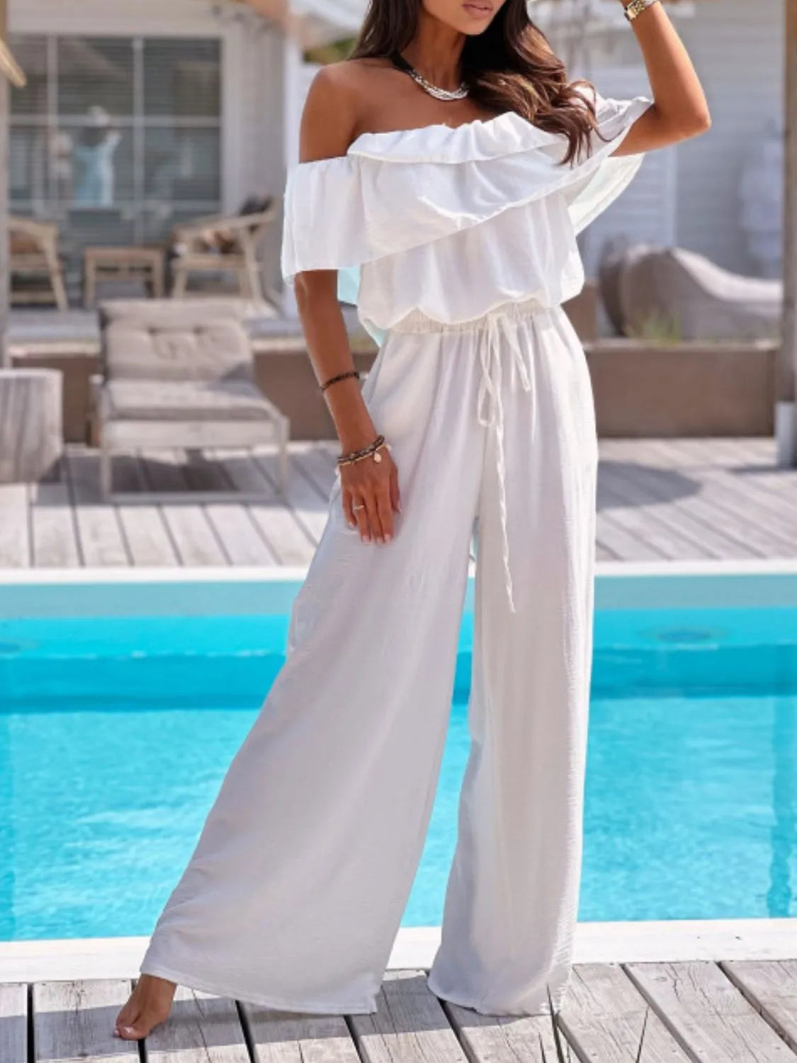 Off-Shoulder Ruffled Wide Leg Jumpsuit - Lilixa.store