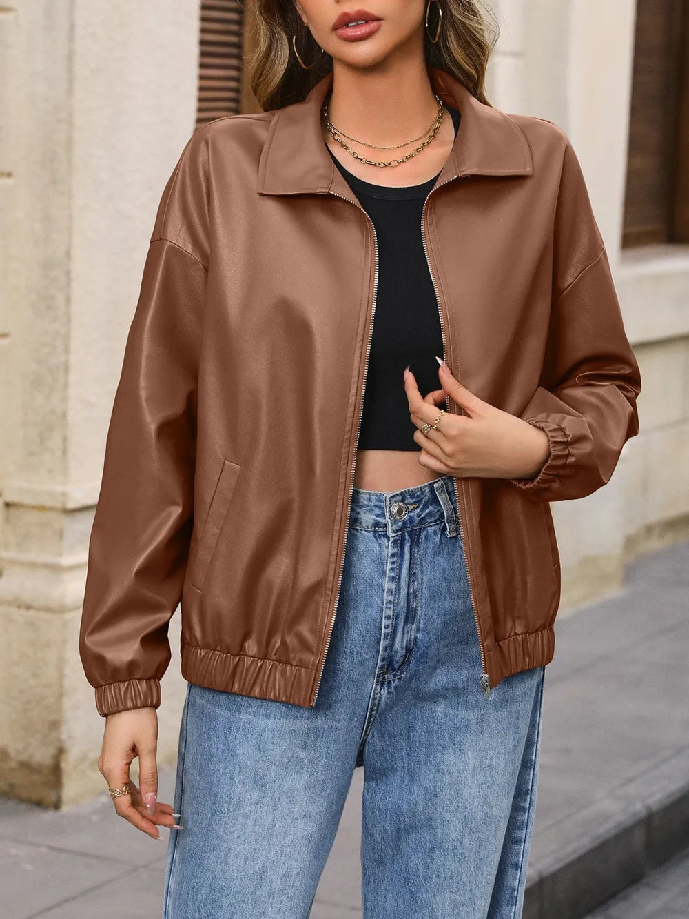 Ivy Lane Zip Up Dropped Shoulder Jacket in Brown