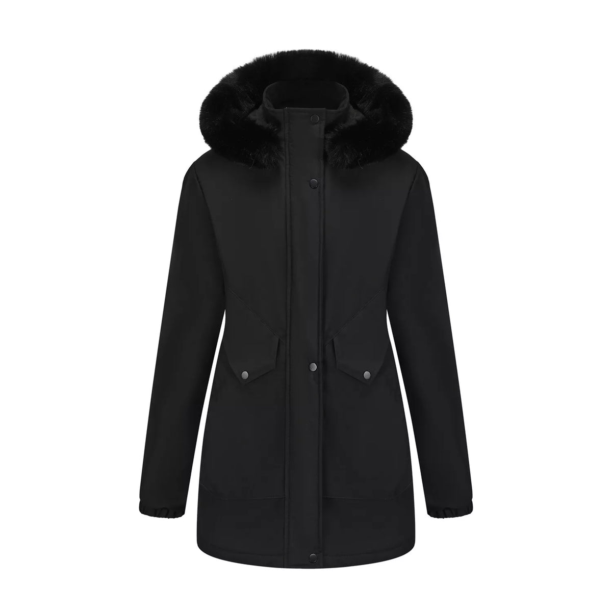Full Size Fur Hooded Warm Winter Parka Outerwear Plus Size in Black