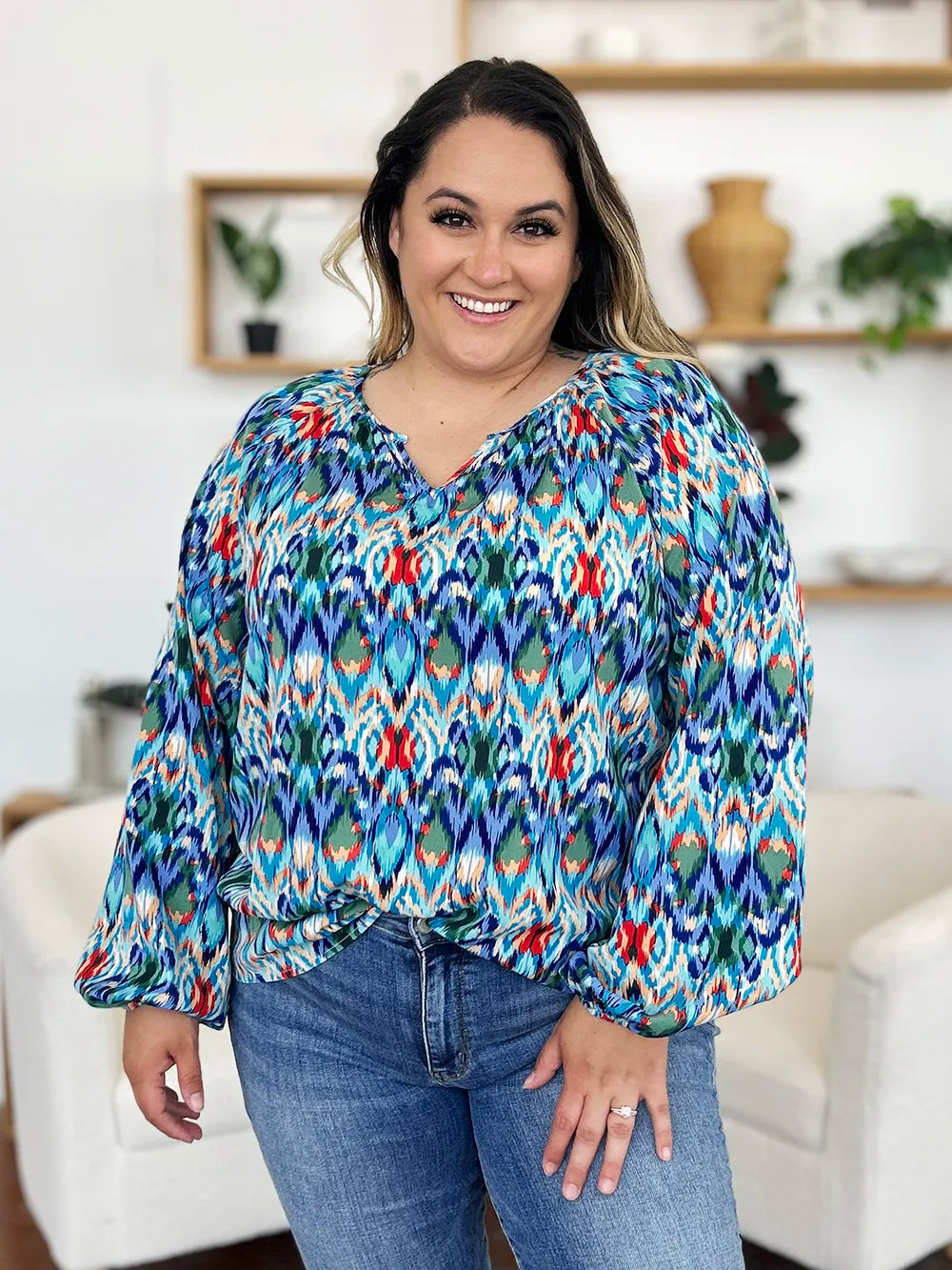 Double Take Full Size Printed Balloon Sleeve Blouse - Lilixa.store