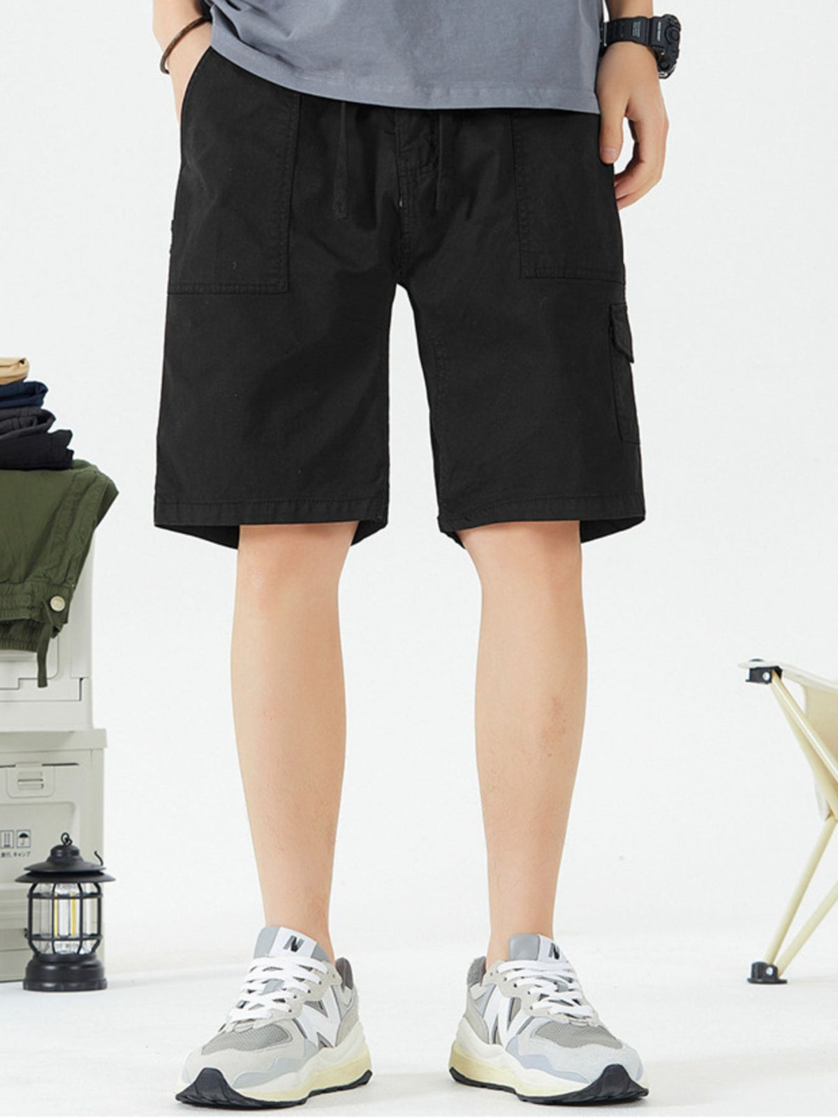 Men's Full Size Casual Cargo Shorts with Drawstring Plus Size in Black
