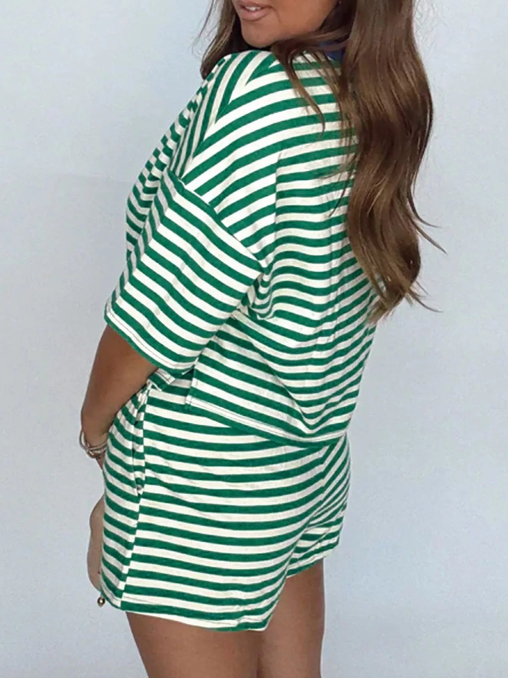 Stripe Boxy Tee and Drawstring Elastic Waist Shorts Set - Lilixa.store