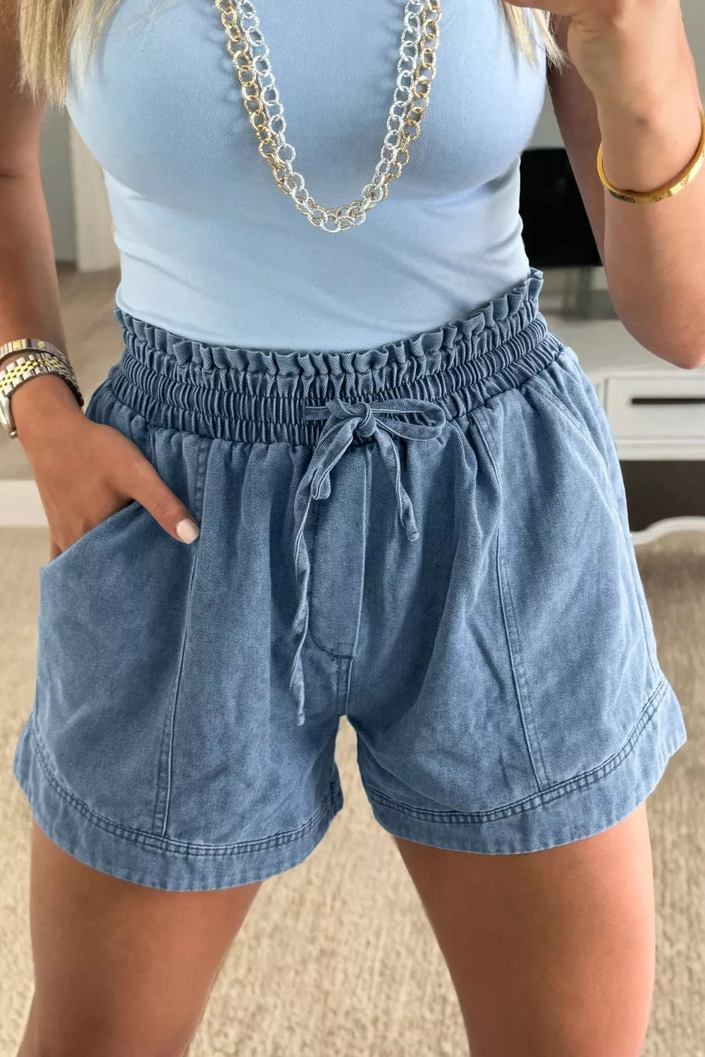 Smocked Elastic Waist Denim Shorts - Lilixa.store
