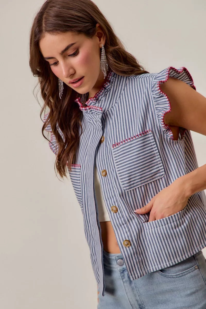 SO ME Stripe Twill Stitch Ruffled Hidden Button Vest Top - Lilixa.store