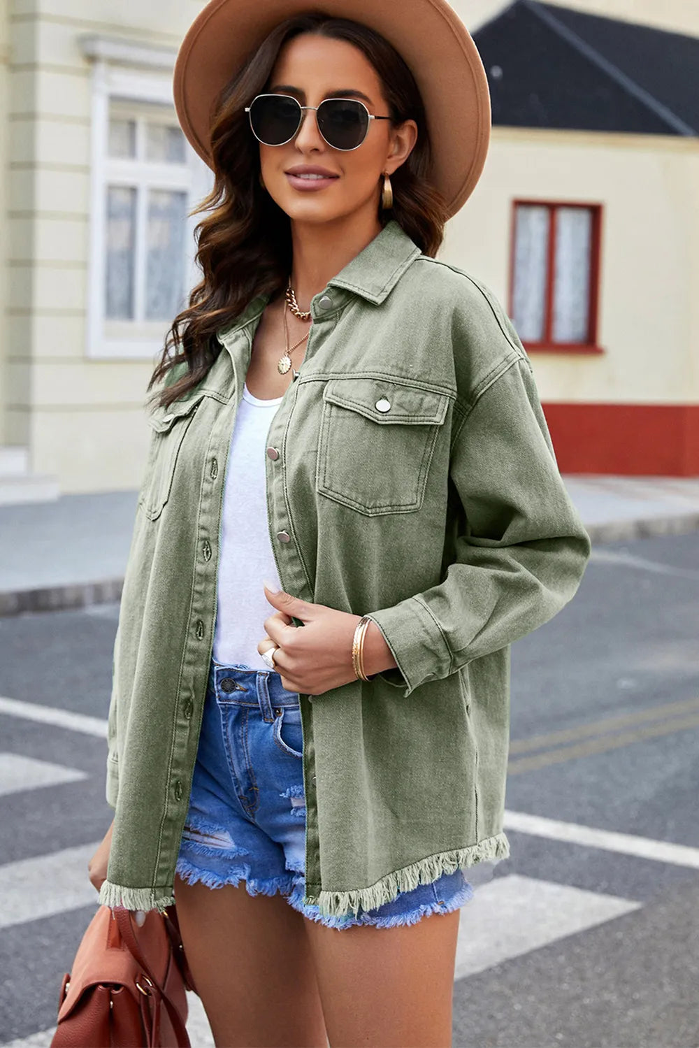 Button Up Pocketed Raw Hem Denim Jacket, view 9