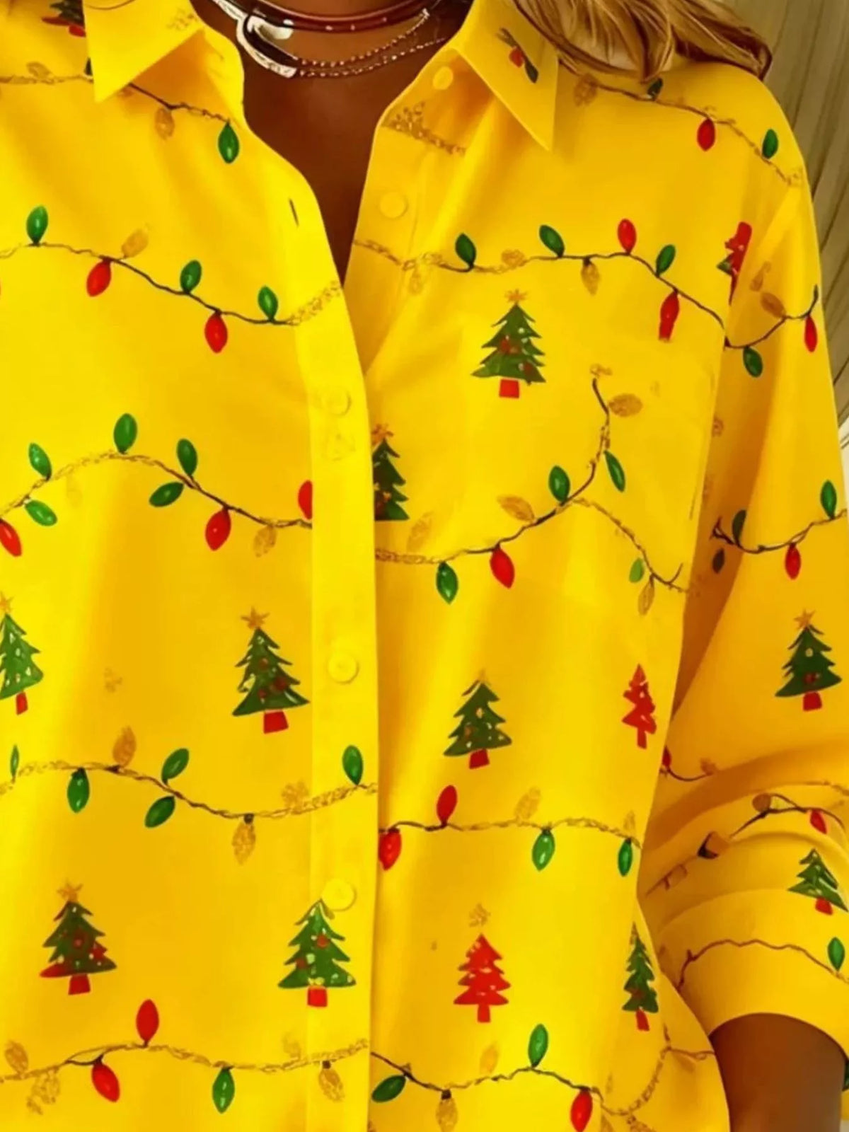 Full Size Christmas Tree Print Long Sleeve Button-Down Shirt Plus Size, view 2