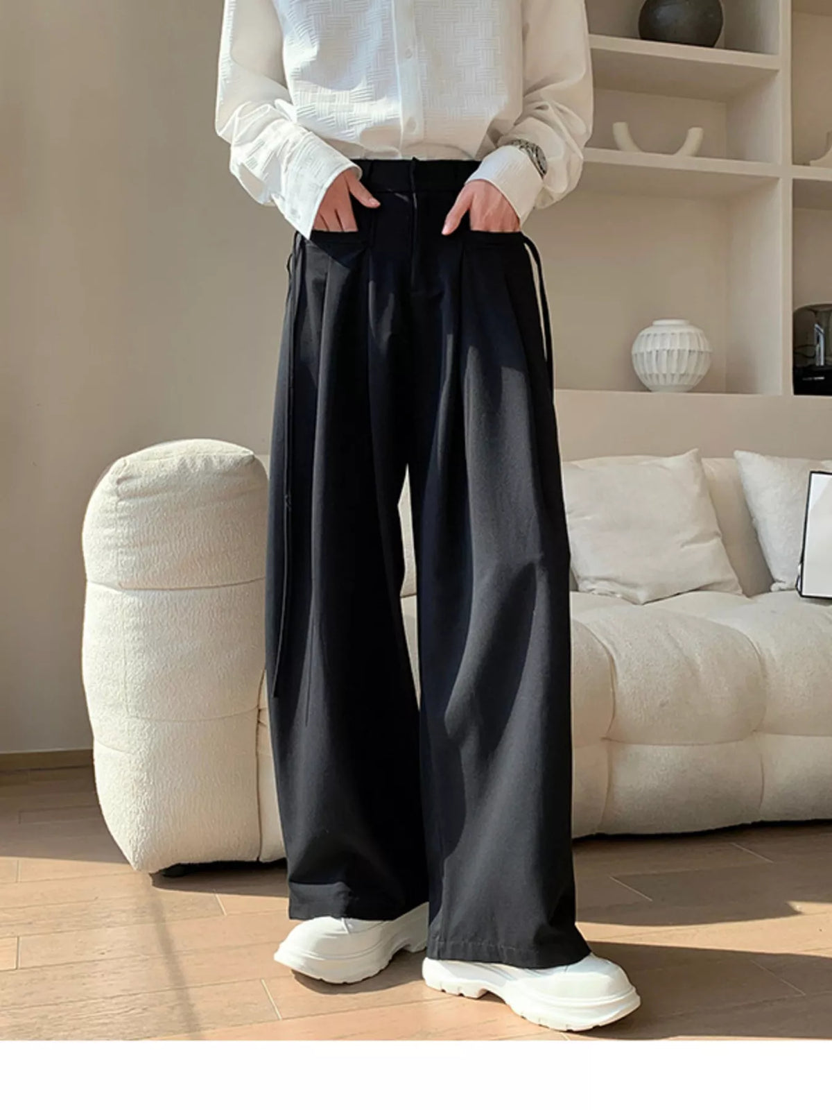 Men's Full Size Wide Leg Pleated Casual Pants Plus Size in Black